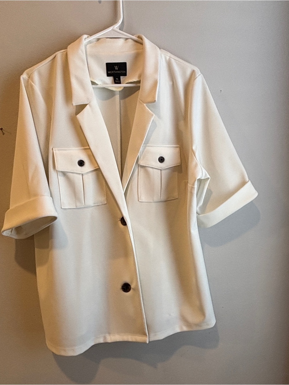 Worthington Cream Short-Sleeve Utility Blazer with Flap Pockets